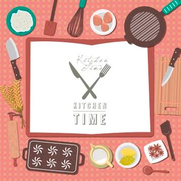 Baking ingredients on kitchen table in flat design Stock Illustration