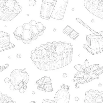 Baking Ingredients Seamless Pattern, Homemade Pie Pastry, Design Element Can Be Illustrazione stock