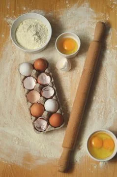 Baking ingredients on a table Stock Photos