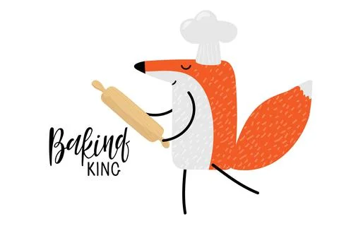Baking King text and Cartoon fox with rolling pin and chefs hat. Vector hand Illustrazione stock