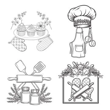 Baking Kitchen Line Art Chef Hat Cupcakes Rolling Pin Spices Vector Stock Illustration
