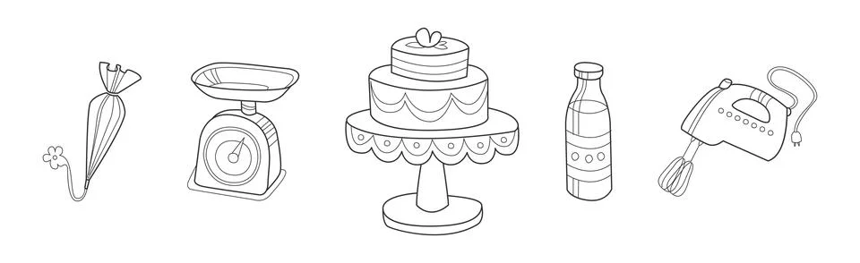 Baking Kitchen Object and Item Doodle Line Vector Set Stock Illustration