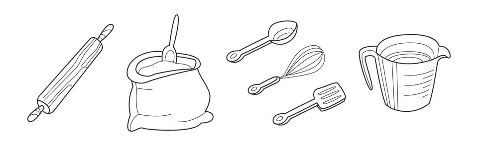 Baking Kitchen Object and Item Doodle Line Vector Set Stock Illustration