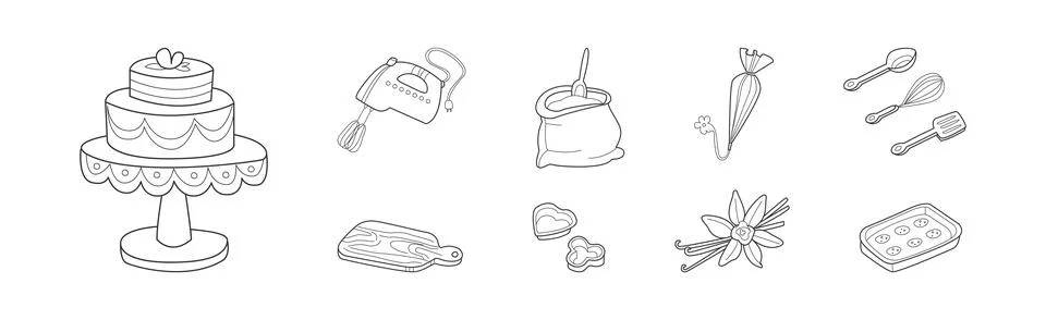 Baking Kitchen Object and Item Doodle Line Vector Set Stock Illustration