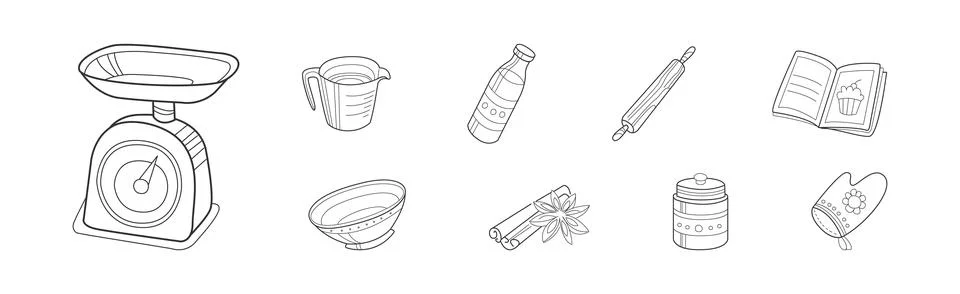 Baking Kitchen Object and Item Doodle Line Vector Set Stock Illustration