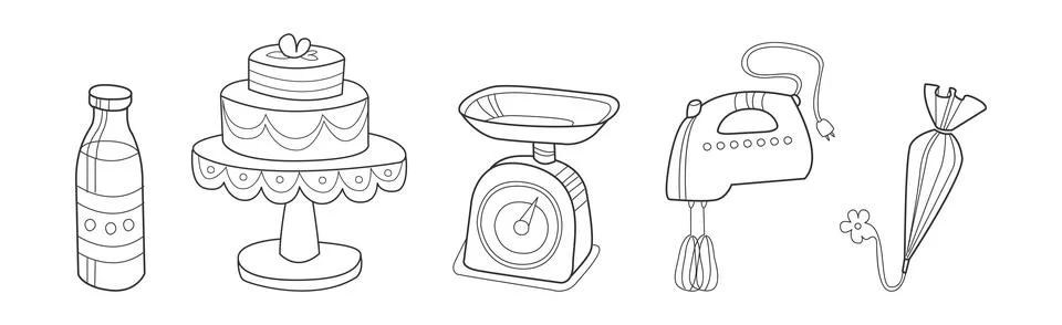 Baking Kitchen Object and Item Doodle Line Vector Set Stock Illustration