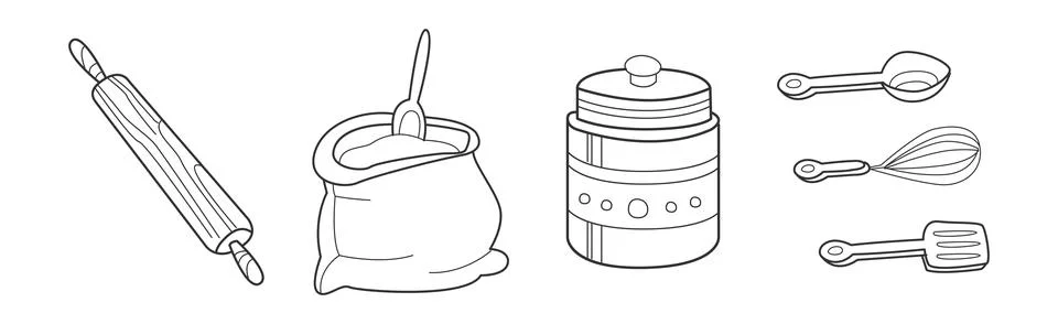 Baking Kitchen Object and Item Doodle Line Vector Set Stock Illustration