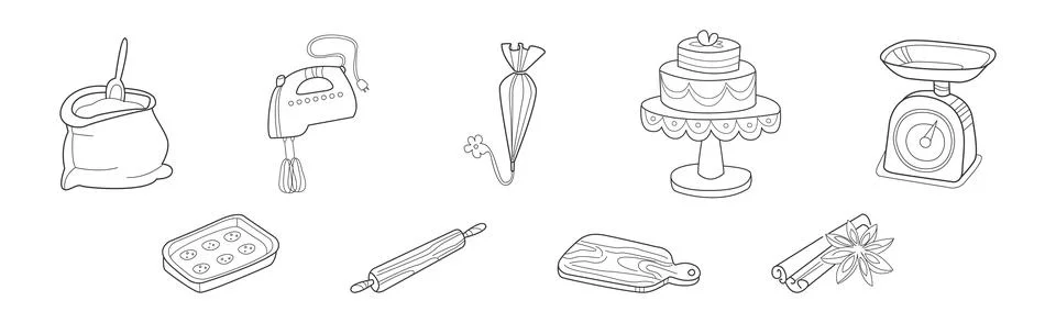 Baking Kitchen Object and Item Doodle Line Vector Set Stock Illustration