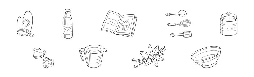 Baking Kitchen Object and Item Doodle Line Vector Set Stock Illustration