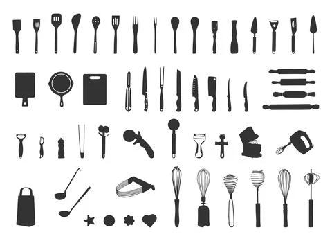 Baking kitchen tools silhouettes, Bakery silhouette, Bakery SVG Stock Illustration