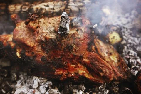 Baking lamb leg on coals Stock Photos