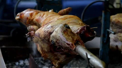 Baking lamb on a spit Stock Footage 86132005