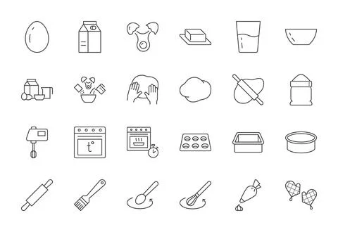 Baking line icon set. Bakery icons - mixer, glass, preheat oven form, butter Illustrazione stock