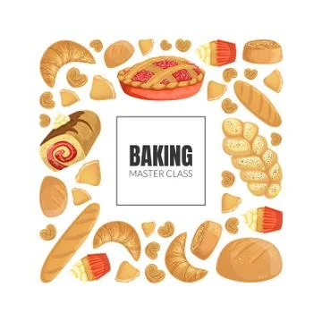 Baking Master Class Banner Template with Fresh Baking Products Seamless Pattern イラスト素材