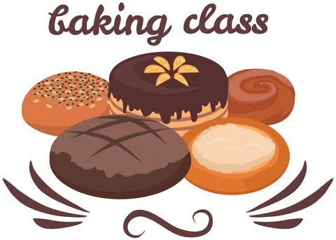 Baking masterclass emblem, culinary school design with decorated pies, flour Illustrazione stock