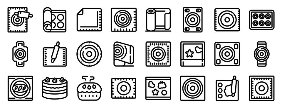 Baking mat icons set. Baking mats, rolling pins, and cakes, essential tools.. Stock Illustration
