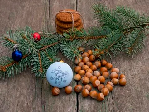 Baking, nutlets, Christmas tree decorations and coniferous branch Stock Photos