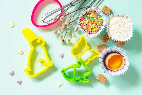 Baking or cooking background. Ingredients for Easter festive baking. Kitchen  Foto stock