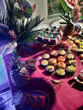 Baking original cakes of different shapes Sweet table at the banquet decora.. Stock Photos