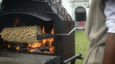 Baking Pastries over an Open Fire called Sakotis Stock Footage 94332470