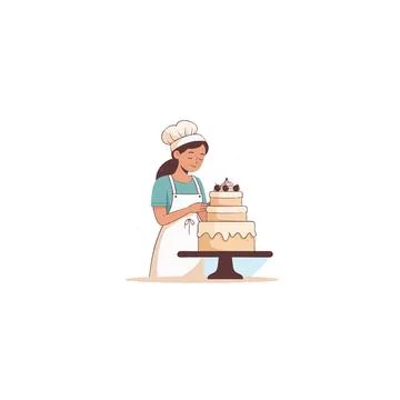 Baking perfection: A skilled pastry chef meticulously decorates a multi tie.. Stock Illustration