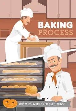 Baking process, baker baking bread and desserts Stock Illustration