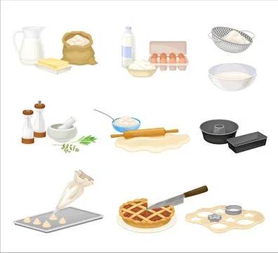 Baking Process with Doughing and Mixing Ingredients with Cookware Vector Set Stockillustratie