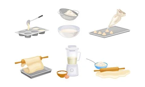Baking Process with Doughing, Sieving and Rolling Using Cookware Vector Set Stock Illustration