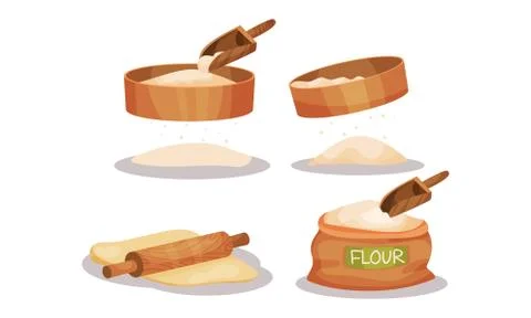 Baking Process with Flour Bolting and Rolling out Pastry Vector Set Illustrazione stock