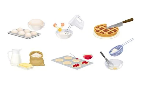 Baking Process with Flour Sieving, Dough Molding and Mixing Ingredients Using Stock Illustration