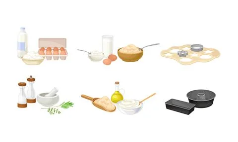 Baking Process with Herbs Pounding with Pestle and Dough Molding Using Cookware Stock Illustration