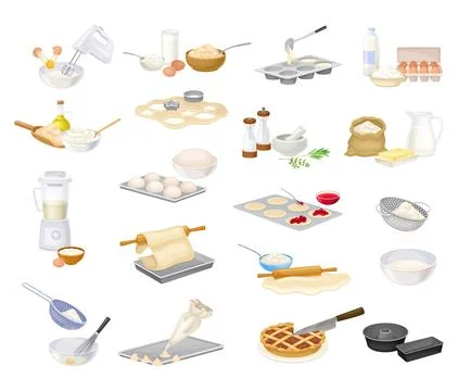 Baking Process with Ingredients and Cookware Big Vector Set Stock Illustration
