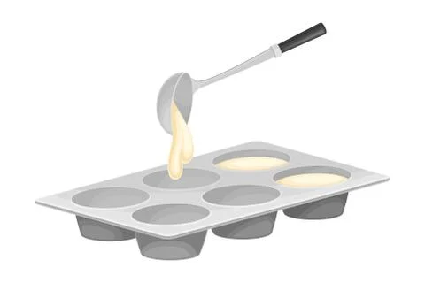 Baking Process with Liquid Dough Pouring in ake Pan Vector Illustration 스톡 일러스트