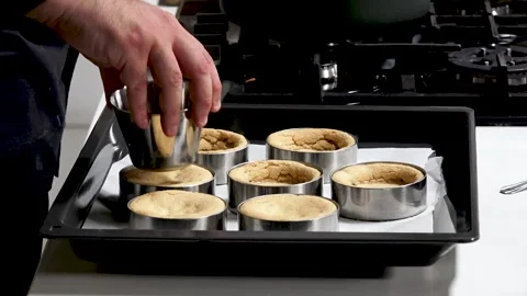 Baking round cakes with care and precision in a modern kitchen Stock Footage 317735641