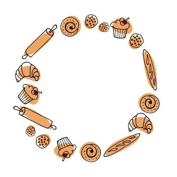 Baking round frame. Flat various pastries for logo, emblem, label. Sweets and Stock Illustration