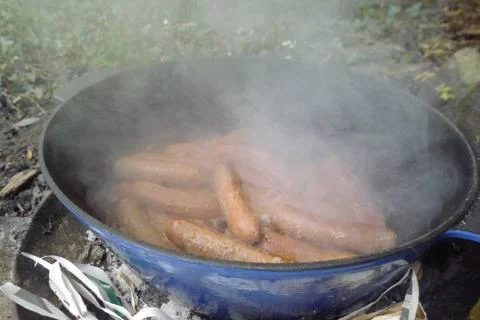 Baking sausages in the garden Фото