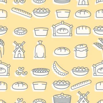 Baking seamless pattern. signs set for fresh bakery. Bread and windmill. Bagu Stock Illustration
