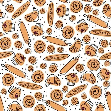 Baking seamless pattern. Sketch various pastries for digital paper, textile Stock Illustration