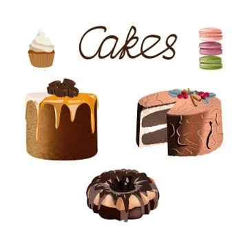 Baking set, cake, chocolate cupcake, macarons, cream brownie vector illustration Stock Illustration
