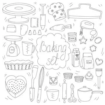 Baking set. Hand drawn illustration kitchen tools. Stock Illustration