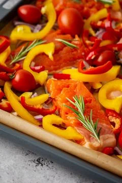 Baking sheet with Arctic char and vegetables Stock Photos