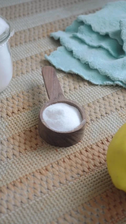 Baking soda and lemon on a carpet for cleaning. Stock Footage 342088837