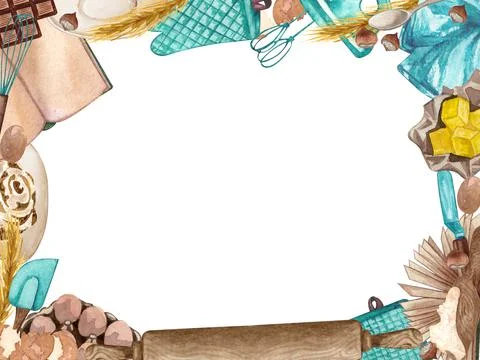 Baking square frame with kitchen utensils, jug, butter, whisk, mixer, pothold Stock Illustration