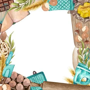 Baking square frame with kitchen utensils, jug, butter, whisk, mixer, pothold Stock Illustration