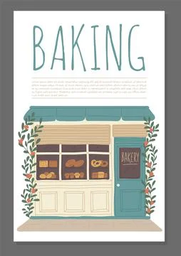 Baking store or pastry and dessert shop advertising banner or card, flat vector Stock Illustration
