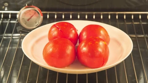 Baking of tomatoes in oven Video stock 140344478