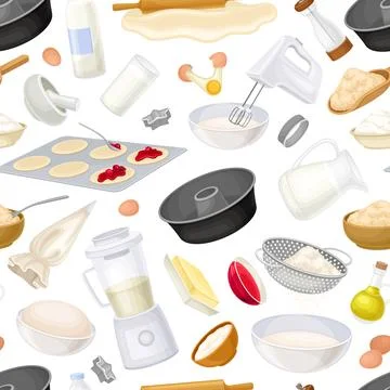 Baking Tool and Ingredients Seamless Pattern Design Vector Template Stock Illustration