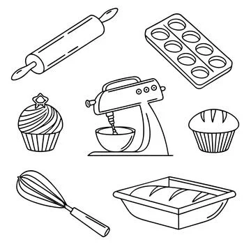 Baking tools and bakery items collection outline icons set Stock Illustration