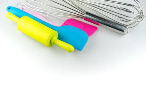 Baking tools and different shapes on white background on white background. Stock Photos