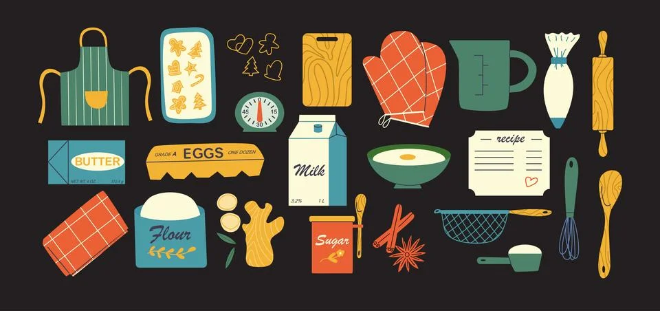Baking tools and ingredients set of illustration Stock Illustration